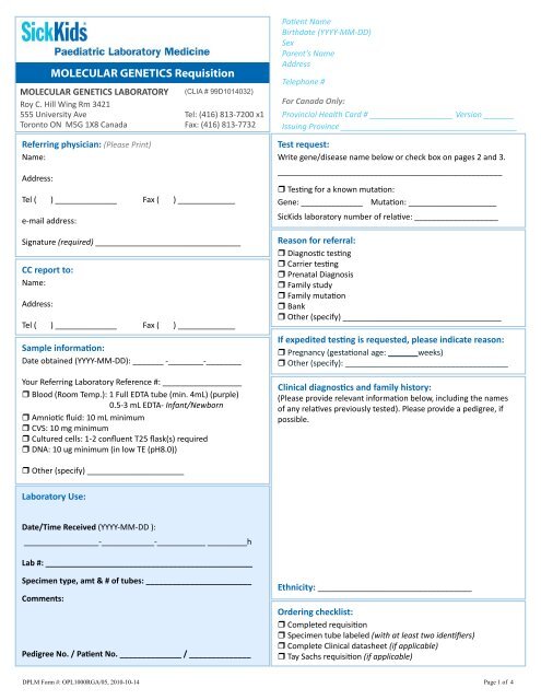 MOLECULAR GENETICS Requisition - The Hospital for Sick Children