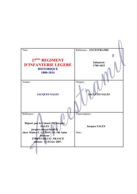 27 REGIMENT D'INFANTERIE LEGERE - Ancestramil