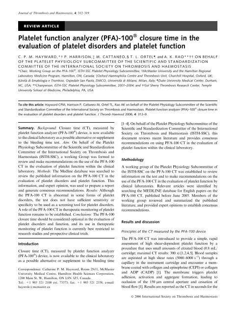 PFA)-100® closure time in the evaluation of platelet ... - Medcorp