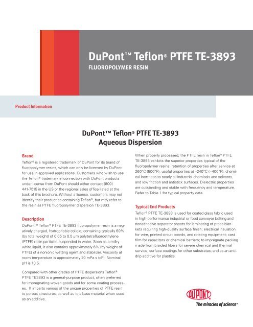 DuPont™ Teflon® PTFE TE-3893 Aqueous Dispersion