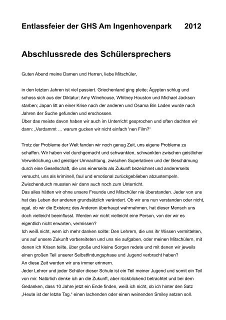 Abschlussrede des Schülersprechers - GHS AM INGENHOVENPARK