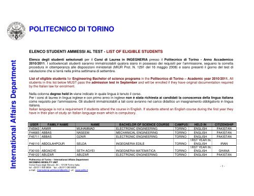 In te rn a tio n a l A ffa irs - Apply@polito - Politecnico di Torino