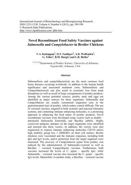 Novel Recombinant Food Safety Vaccines against Salmonella and ...