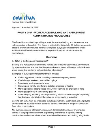 Policy 2507 – Workplace Bullying and Harassment - Cowichan ...