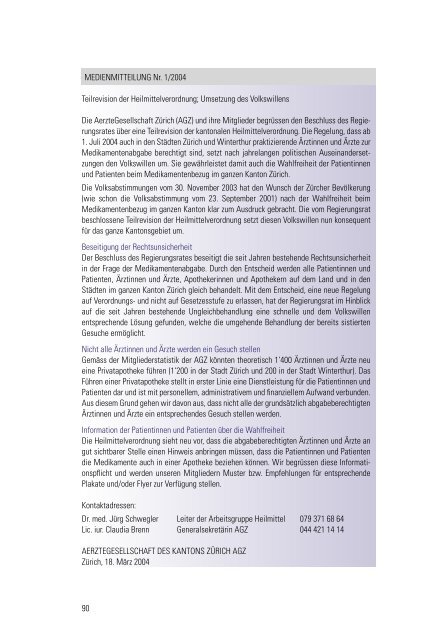 Jahresbericht 2004 - Ärztegesellschaft Zürich