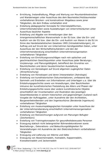 Bundeseinheitliche Liste der freien Gewerbe - Vorarlberg