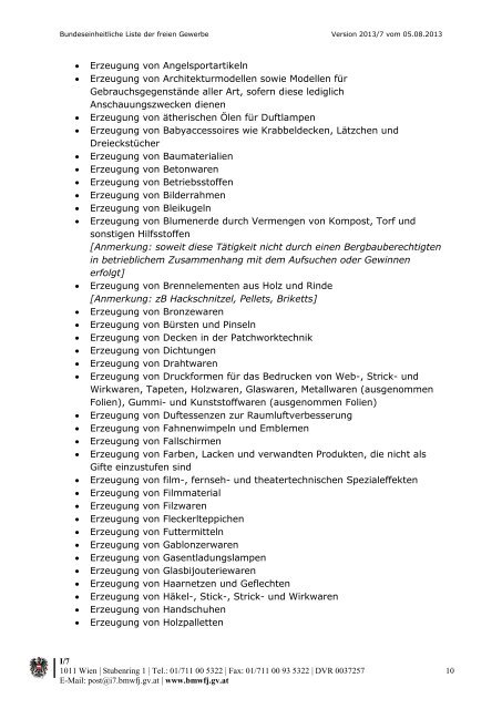 Bundeseinheitliche Liste der freien Gewerbe - Vorarlberg