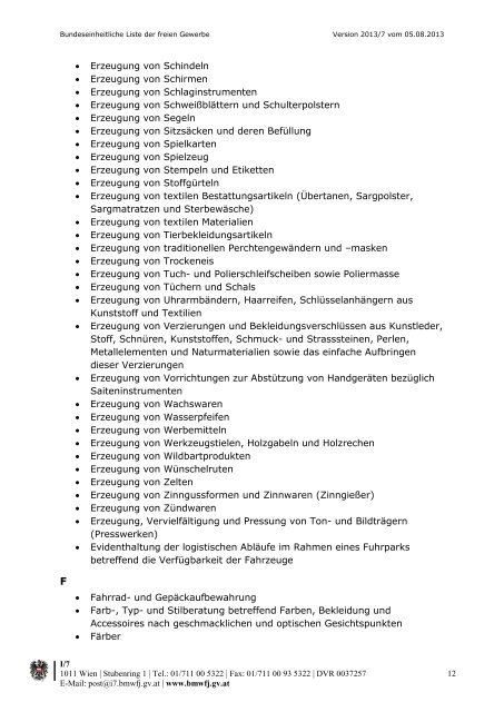 Bundeseinheitliche Liste der freien Gewerbe - Vorarlberg