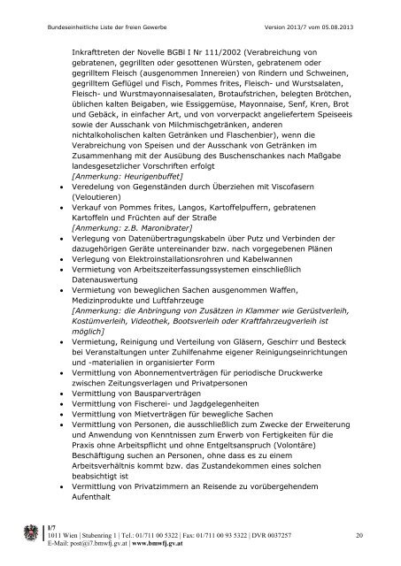 Bundeseinheitliche Liste der freien Gewerbe - Vorarlberg