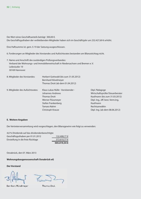 Geschäftsbericht 2012 - Wohnungsbaugenossenschaft Osnabrück eG