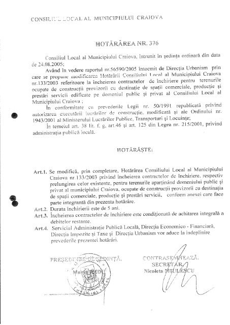 Proiect de hotărâre privind prelungirea duratei ... - Primaria Craiova