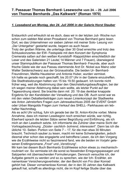 7. Passauer Thomas Bernhard- Lesewoche vom 24. – 29. Juli 2006 ...