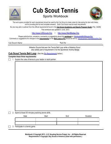 Cub Scout Tennis Worksheet - Merit Badge Research Center