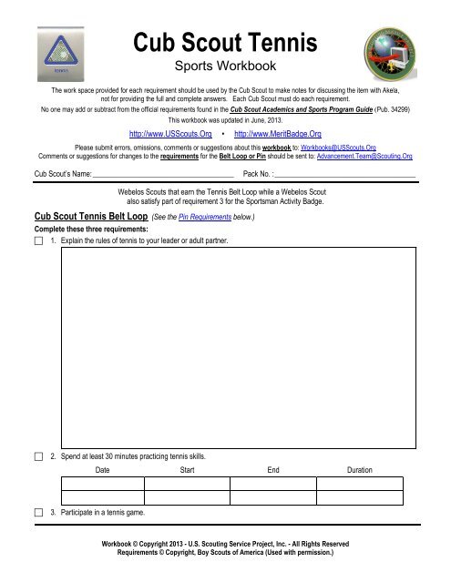 Cub Scout Tennis Worksheet - Merit Badge Research Center