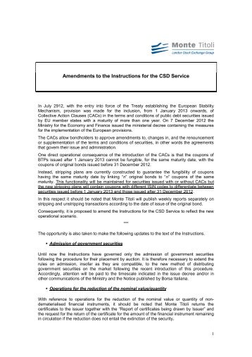 Amendments to the Instructions for the CSD Service - Monte Titoli