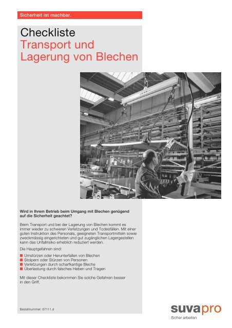 Checkliste: Transport und Lagerung von Blechen - Suva