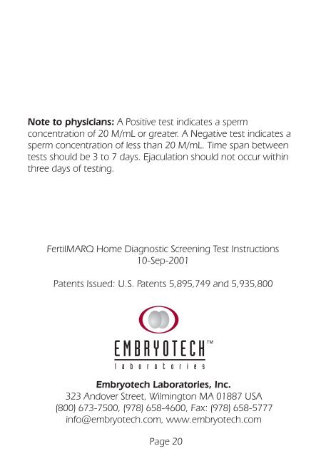 FertilMARQ™ Package Insert - Embryotech Laboratories