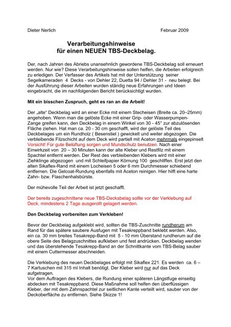 Verarbeitungshinweise für einen NEUEN TBS-Deckbelag. - Duetta94