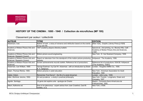 HISTORY OF THE CINEMA - Bibliothèque cantonale et universitaire ...