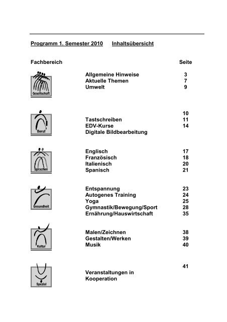 Programm 1. Semester 2010 Inhaltsübersicht Fachbereich Seite ...