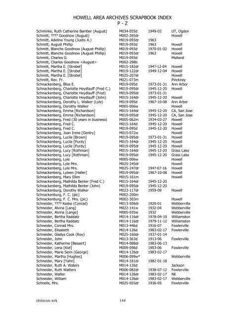 HOWELL AREA ARCHIVES SCRAPBOOK INDEX P - Z