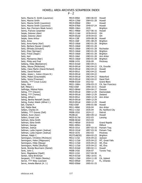 HOWELL AREA ARCHIVES SCRAPBOOK INDEX P - Z