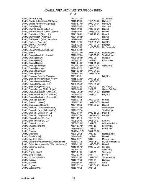 HOWELL AREA ARCHIVES SCRAPBOOK INDEX P - Z