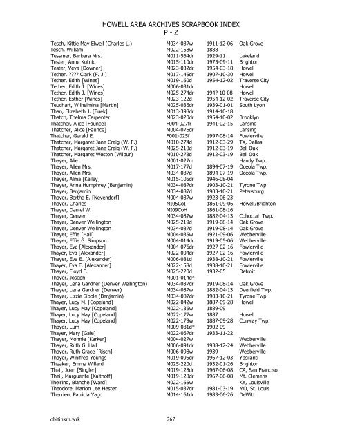 HOWELL AREA ARCHIVES SCRAPBOOK INDEX P - Z