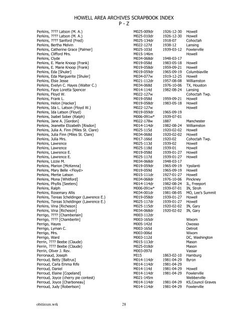 HOWELL AREA ARCHIVES SCRAPBOOK INDEX P - Z