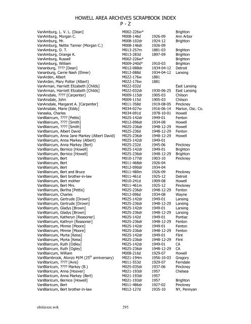 HOWELL AREA ARCHIVES SCRAPBOOK INDEX P - Z