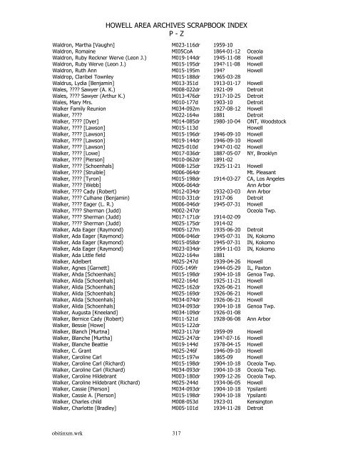 HOWELL AREA ARCHIVES SCRAPBOOK INDEX P - Z