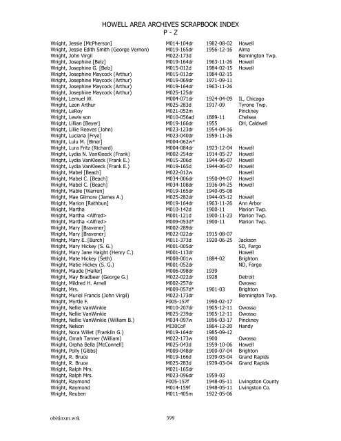 HOWELL AREA ARCHIVES SCRAPBOOK INDEX P - Z