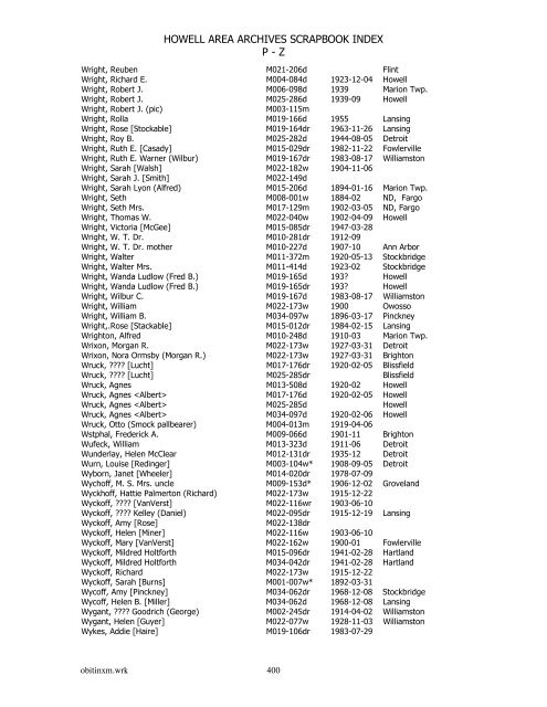 HOWELL AREA ARCHIVES SCRAPBOOK INDEX P - Z