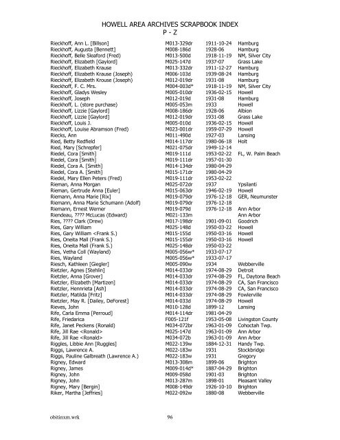 HOWELL AREA ARCHIVES SCRAPBOOK INDEX P - Z