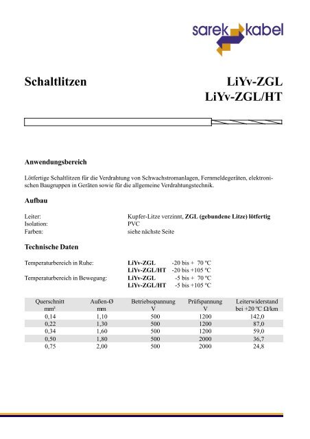 LiYv-ZGL LiYv-ZGL/HT Schaltlitzen