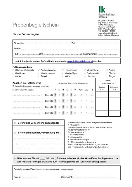 Probenbegleitschein - Futtermittellabor Rosenau