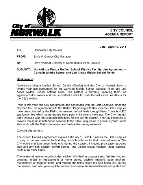 use of fields – corvallis and los alisos - City of Norwalk