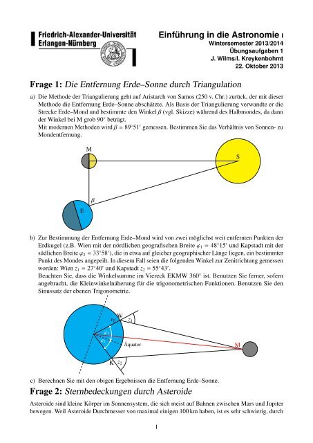 Frage 1: Die Entfernung Erde–Sonne durch Triangulation Frage 2 ...