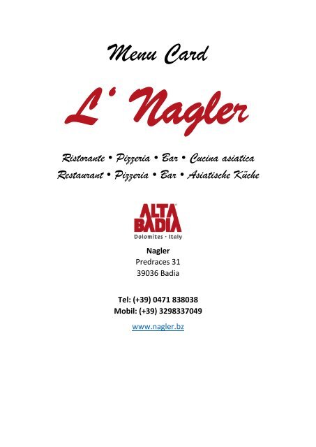 Menu Card - Nagler Ristorante Pizzeria in Alta Badia