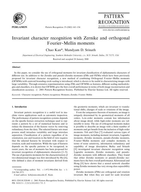 Invariant character recognition with Zernike and orthogonal Fourier ...