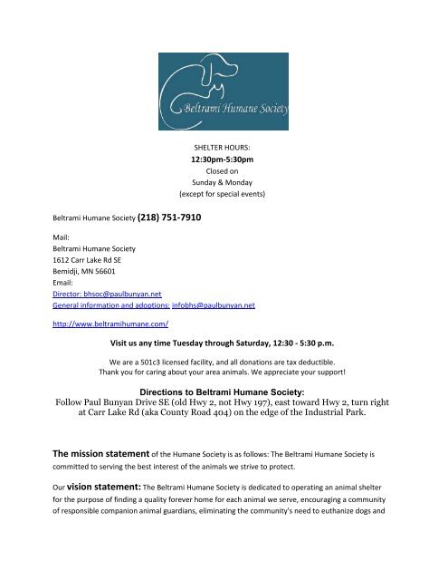 See Our Volunteer Handbook Here Beltrami Humane Society