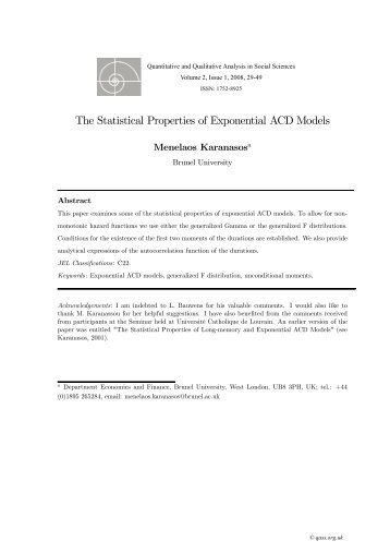 The Statistical Properties of Exponential ACD Models - Professor ...