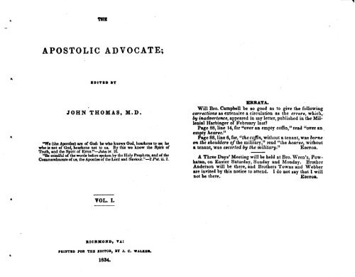 The Apostolic Advocate - Volume 1 1834 - The New Agora