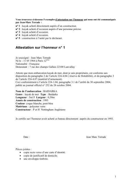 Attestation sur l'honneur n° 1 - CK/Mer