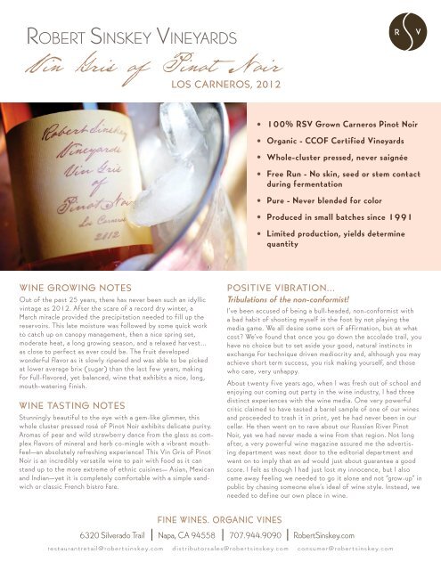 Vin Gris of Pinot Noir - Robert Sinskey Vineyards