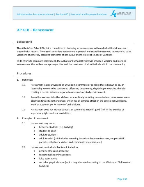AP 418 - Harassment.pdf - School District 34 Abbotsford