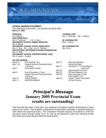 Principal's Message January 2009 Provincial Exam results are ...