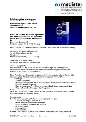 Metapyrin 500 mg/ml - MEDISTAR Arzneimittelvertrieb GmbH