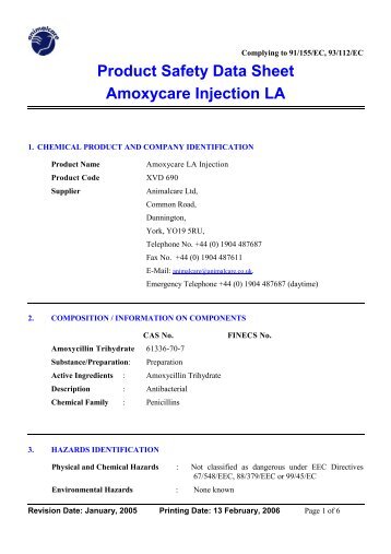 Product Safety Data Sheet Amoxycare Injection LA - Animalcare