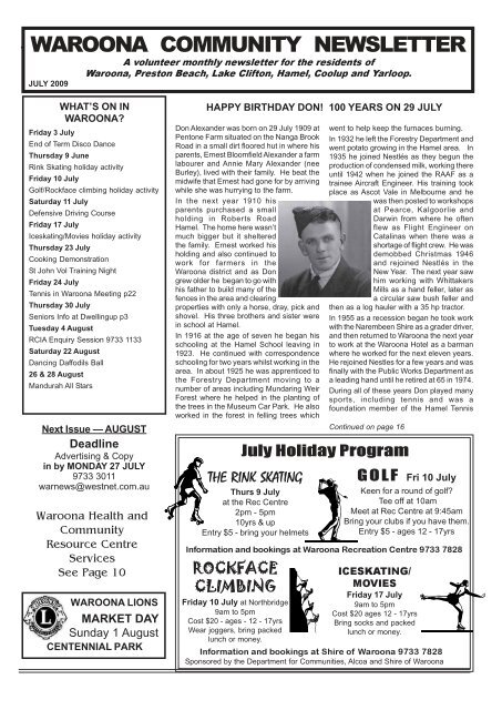 Waroona community newsletter july 2009 - Waroona Health and ...